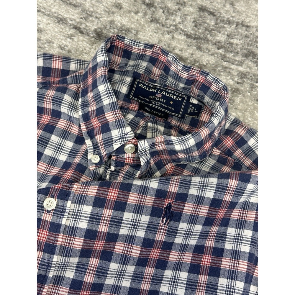 Ralph Lauren Sport Button Down Mens L Blue Red Plaid Short Sleeve Shirt